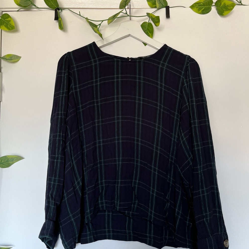 Zara navy blouse with plaid green print.